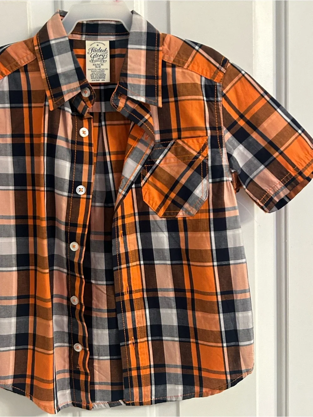 NWOT-Boys Faded Glory Orange and Black Plaid Short-Sleeve Button-Down Shirt